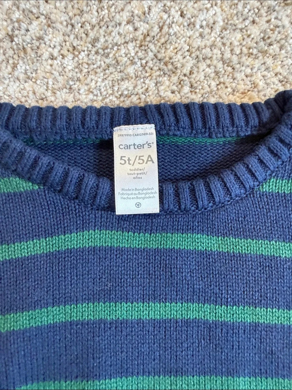 Carter's Navy and Green Striped Crewneck Sweater - 5T
